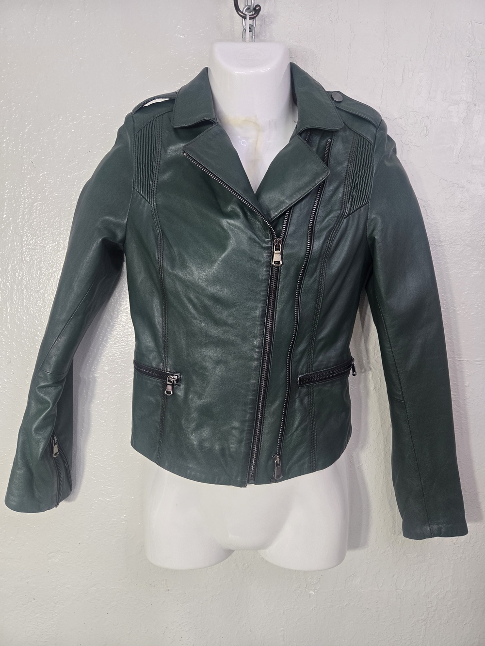 DIMARIO. Women's Dark Green Leather Moto Jacket - Asymmetric Zip